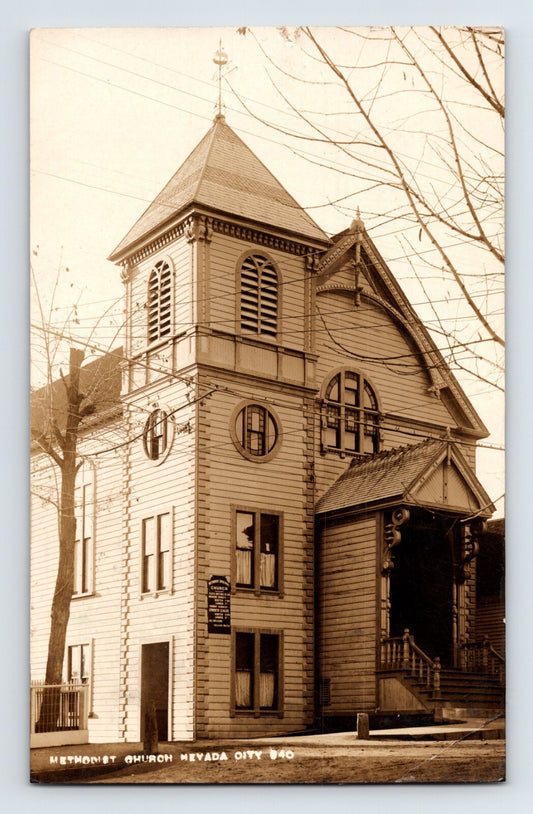 Nevada City California Methodist Church Epworth League building tower 1910s RPPC postcard