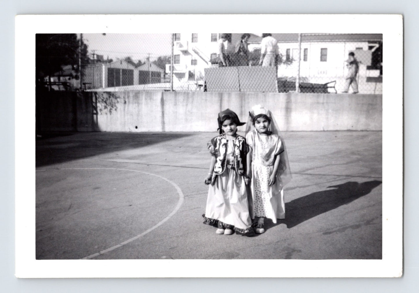 Halloween children costumes schoolyard dresses headpieces 1950s photo snapshot