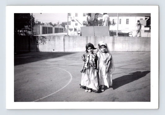Halloween children costumes schoolyard dresses headpieces 1950s photo snapshot