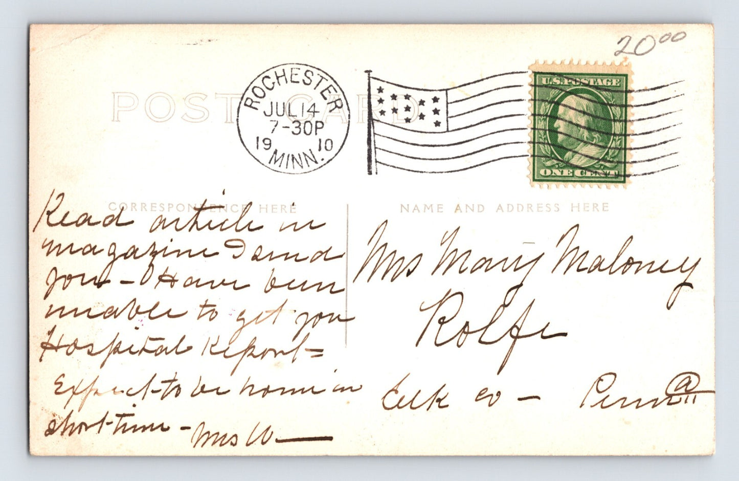 Rochester Minnesota St Marys Hospital 1910 RPPC Postcard Posted Divided Back