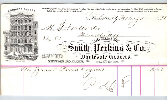 Rochester New York 1887 Smith Perkins Wholesale Grocers Cigars Billhead 8.5 x 4.5