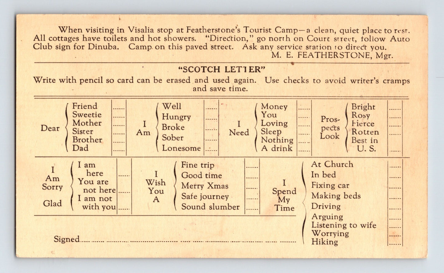 Antique postcard back advertising Featherstone Tourist Camp near Visalia California with printed Scotch Letter message template and directions