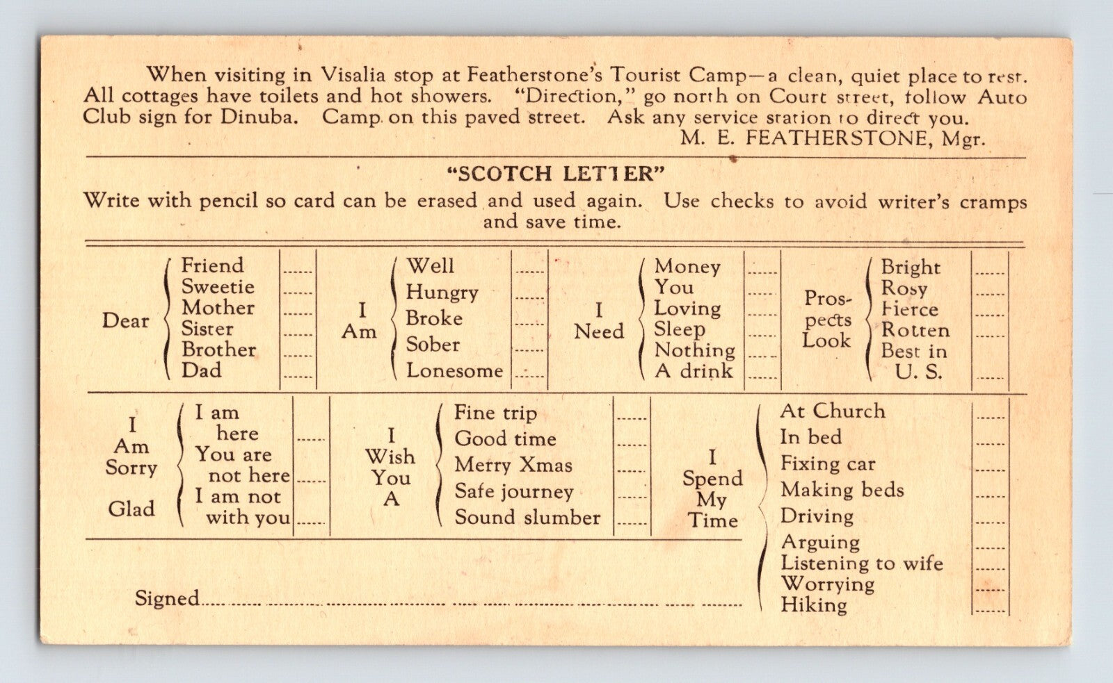 Antique postcard back advertising Featherstone Tourist Camp near Visalia California with printed Scotch Letter message template and directions