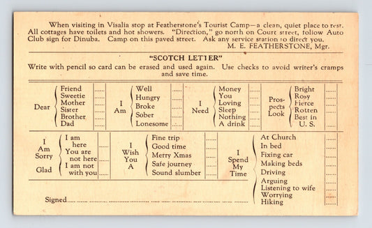 Antique postcard back advertising Featherstone Tourist Camp near Visalia California with printed Scotch Letter message template and directions