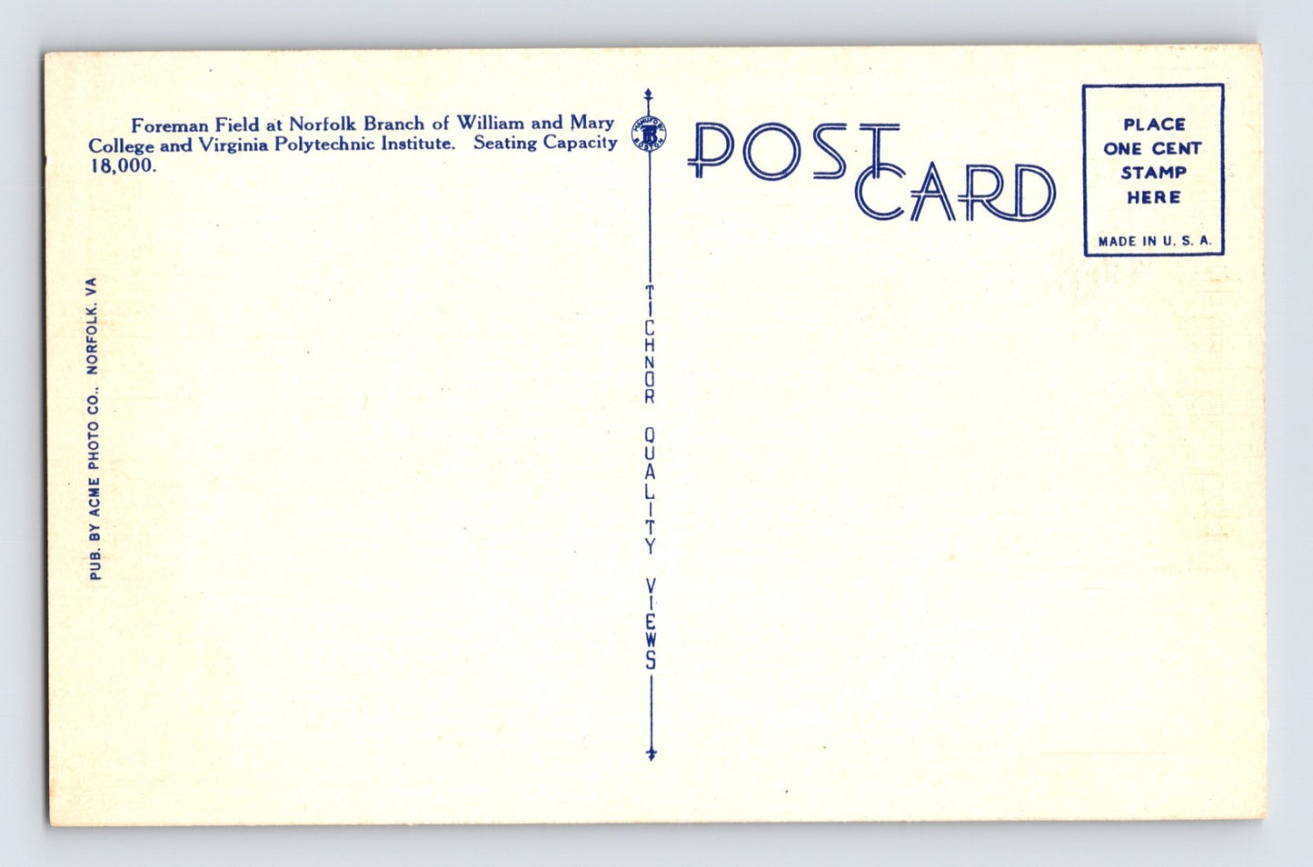Norfolk Virginia Foreman Field Football Aerial 1940s RPPC Postcard Unposted