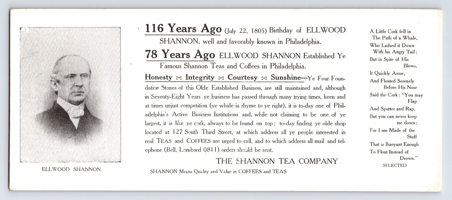 1921 Shannon Tea Company advertising blotter from Philadelphia featuring portrait of Ellwood Shannon and promotional text for coffee and tea, pink reverse