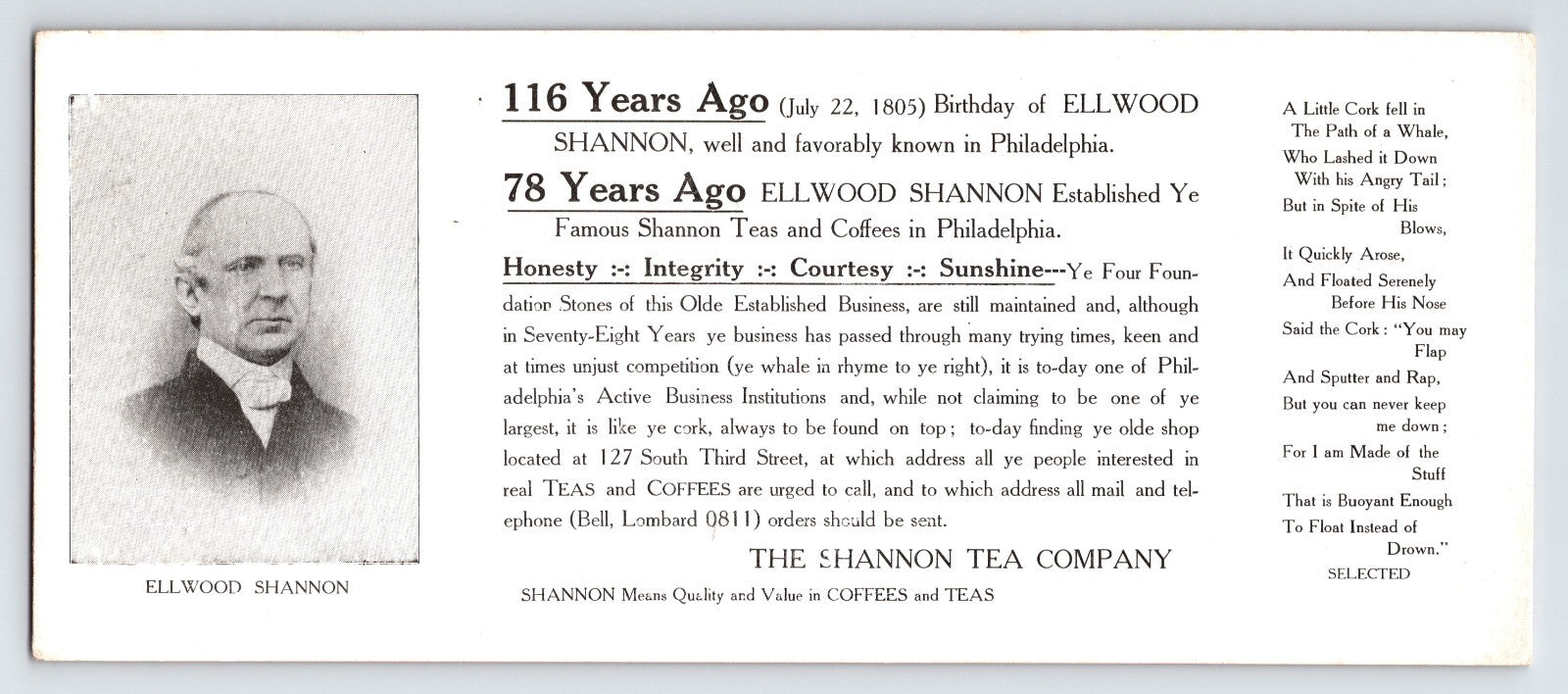 1921 Shannon Tea Company advertising blotter from Philadelphia featuring portrait of Ellwood Shannon and promotional text for coffee and tea, pink reverse