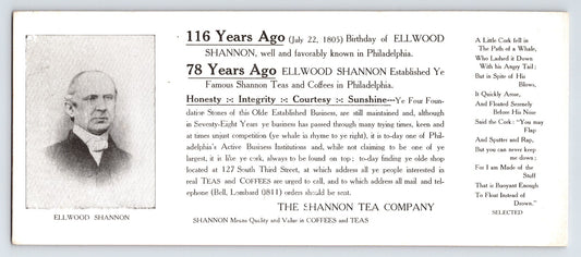 1921 Shannon Tea Company advertising blotter from Philadelphia featuring portrait of Ellwood Shannon and promotional text for coffee and tea, pink reverse