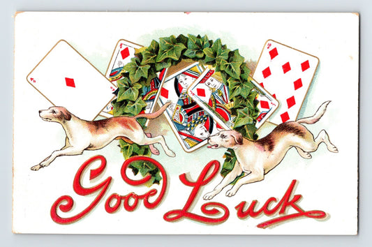Hunting Dogs Playing Cards Good Luck 1910s Postcard Unposted Divided Back