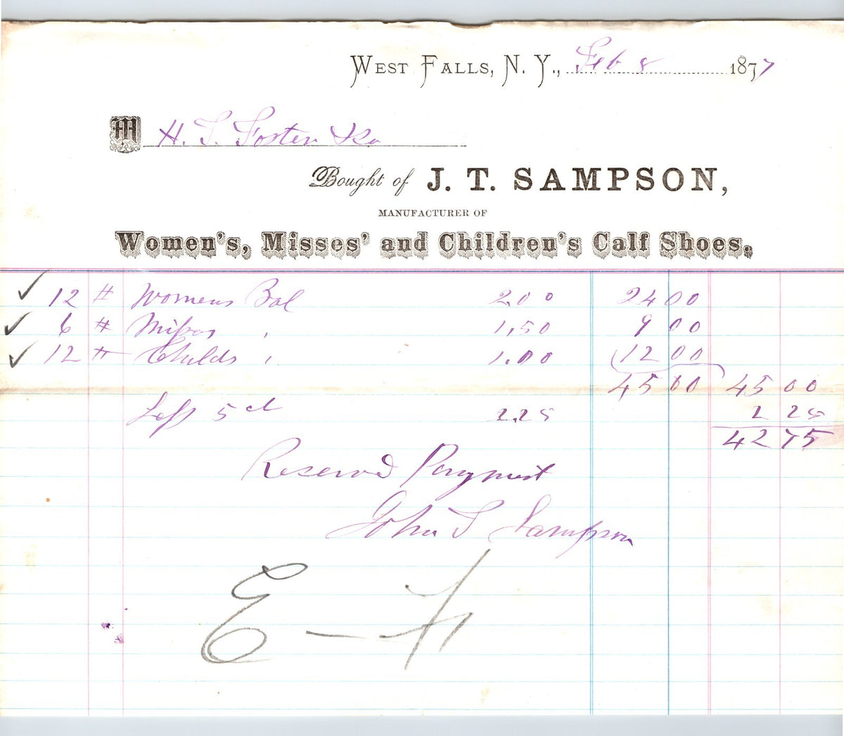 West Falls New York 1877 J T Sampson womens childrens shoes billhead handwritten entries
