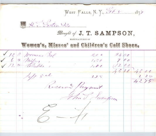 West Falls New York 1877 J T Sampson womens childrens shoes billhead handwritten entries