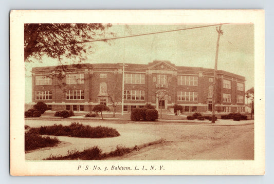 Baldwin New York Long Island Public School PS 3 building 1930s postcard unposted
