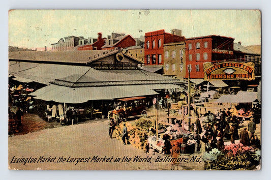 1911 Baltimore Maryland Lexington Market Castelberg Diamond King sign market scene postcard posted archival image
