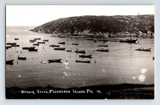 Monhegan Island Maine Harbor Fishing Boats 1940s RPPC Postcard Unposted