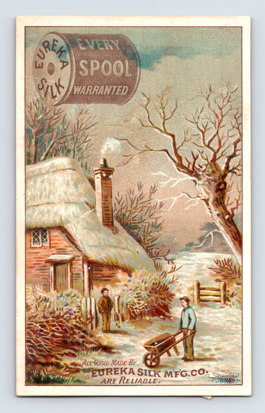 Eureka Silk trade card winter cottage snow rural scene spool thread 1890s