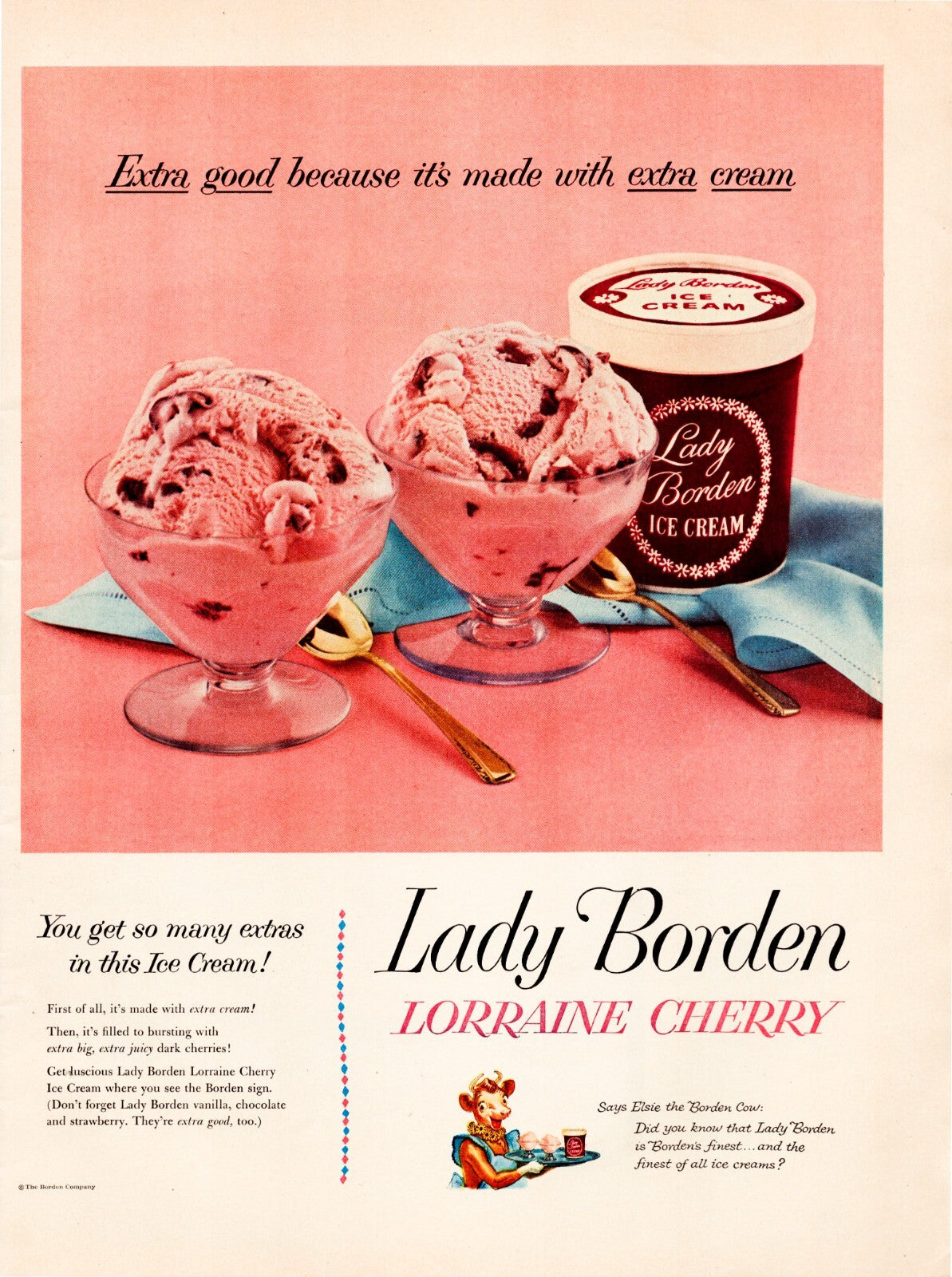 Lady Borden ice cream 1954 Lorraine Cherry print ad pink scoops dessert bowls vintage advertising