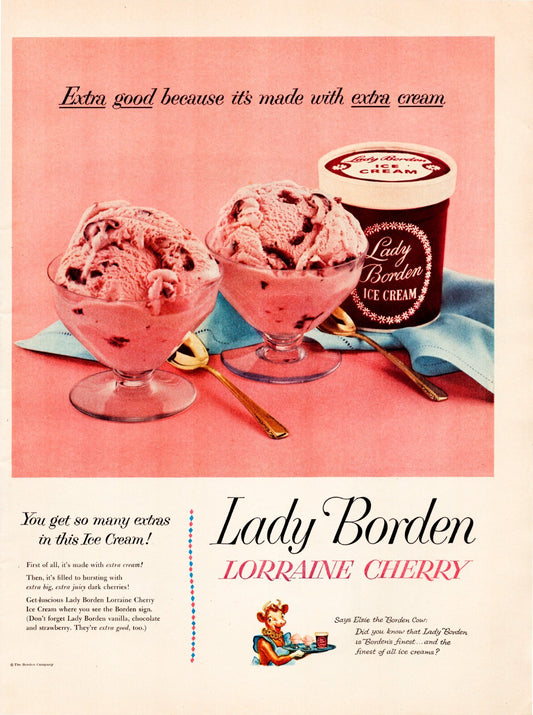 Lady Borden ice cream 1954 Lorraine Cherry print ad pink scoops dessert bowls vintage advertising