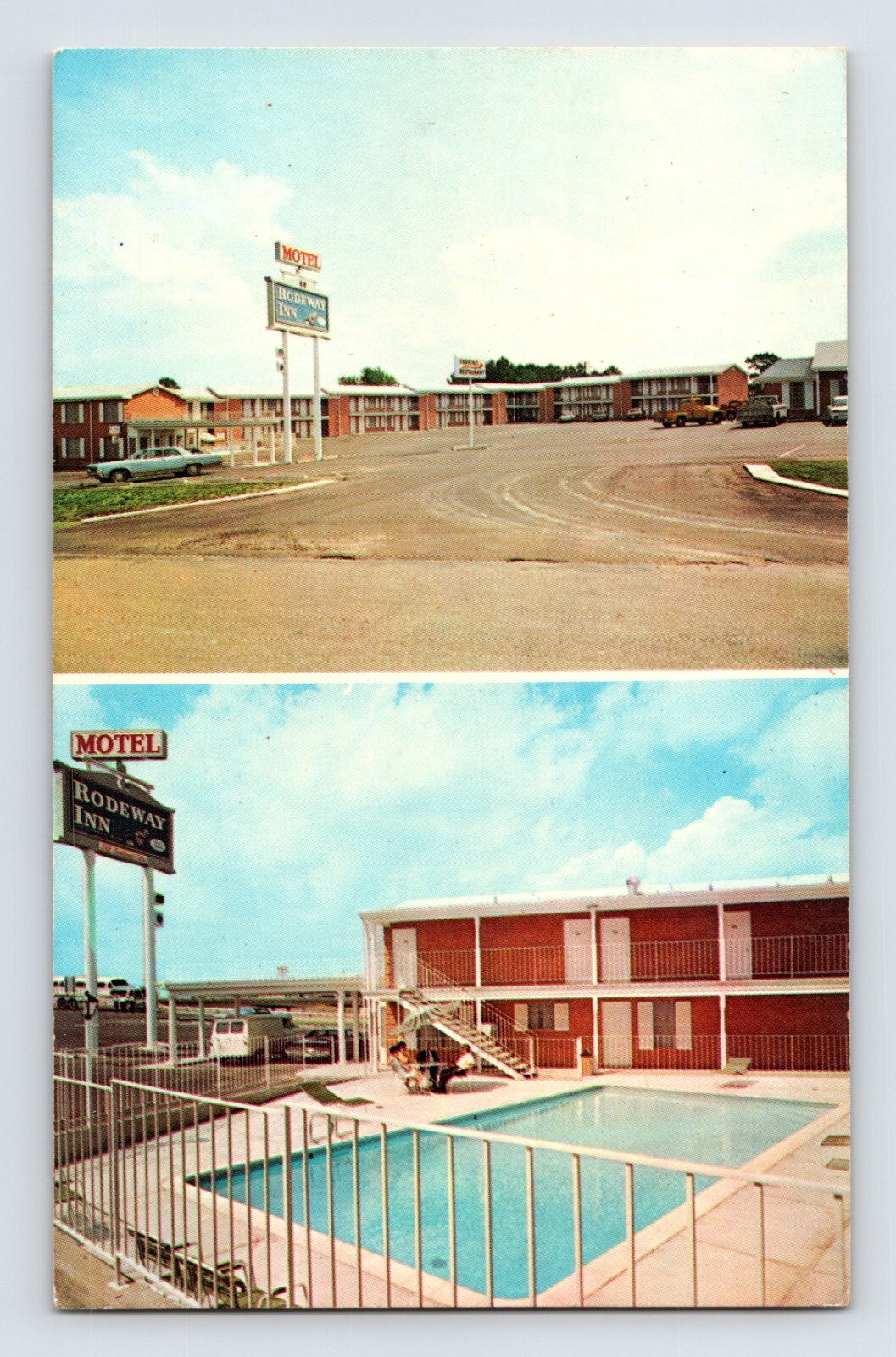 Huntsville Texas Rodeway Inn motel roadside sign parking lot pool two story exterior 1960s postcard