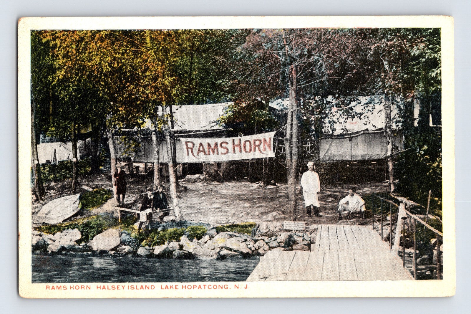 Colorized view of Rams Horn camp banner and lakeside dock at Halsey Island Lake Hopatcong New Jersey 1930s postcard