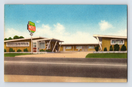 Garden Grove California Tropic Motel roadside view neon sign low modern buildings 1940s linen postcard