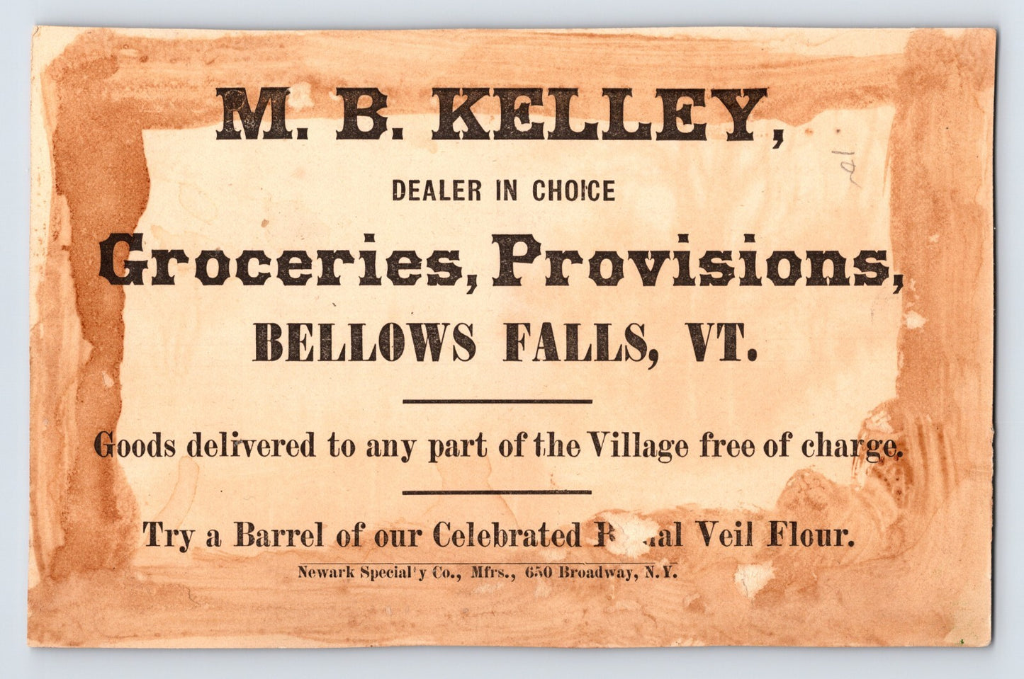 Bellows Falls Vermont M.B. Kelley Groceries 1890s Victorian Trade Card - 7 x 4.5