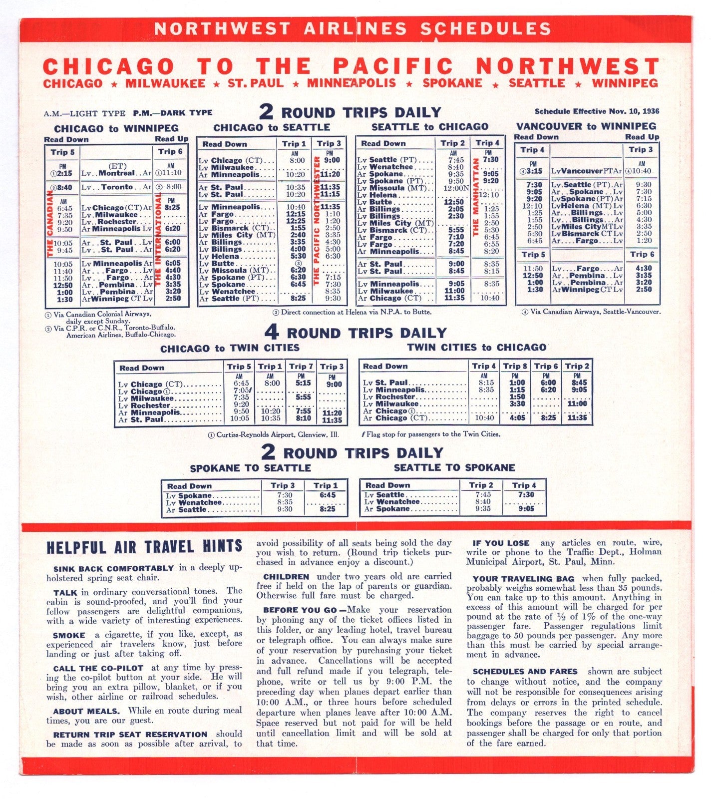 Northwest Airlines 1936 Chicago Pacific Northwest System Timetable Booklet