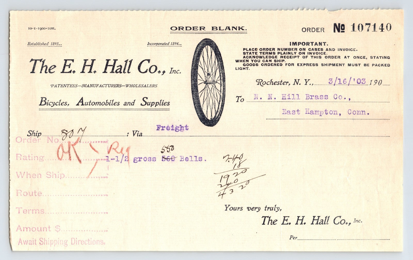 Rochester New York 1903 E H Hall Bicycle Automobile Order Blank 8.5 x 5.5