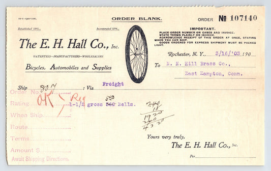 Rochester New York 1903 E H Hall Bicycle Automobile Order Blank 8.5 x 5.5