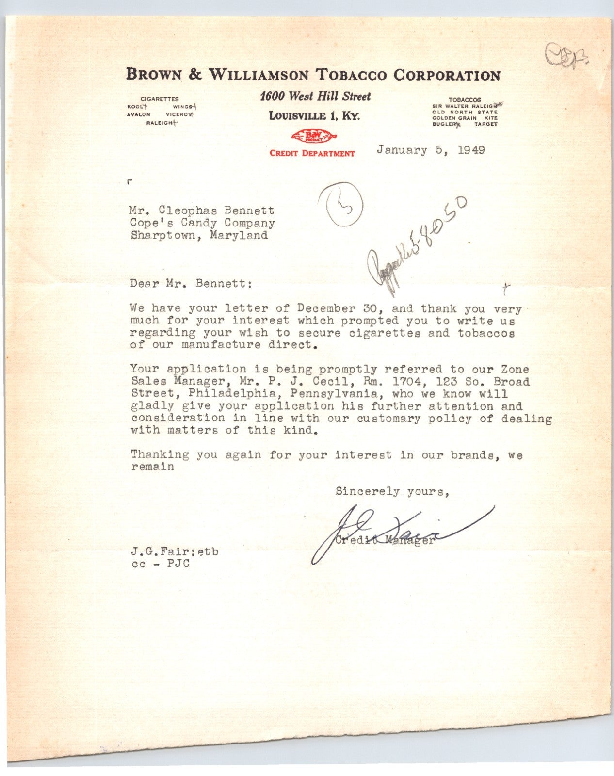 Brown Williamson Tobacco Louisville Kentucky 1949 letterhead with typed correspondence credit department signature