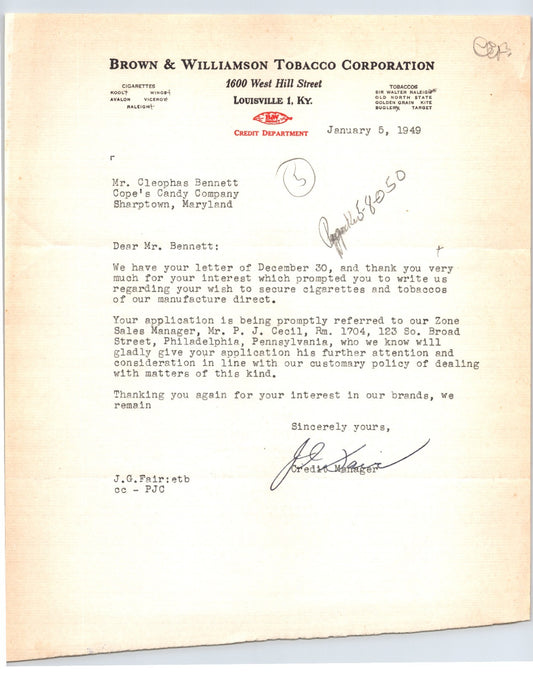 Brown Williamson Tobacco Louisville Kentucky 1949 letterhead with typed correspondence credit department signature