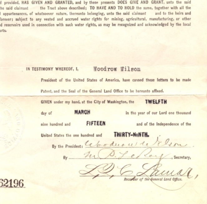 Bismarck South Dakota Woodrow Wilson General Land Office Grant 1915 Embossed