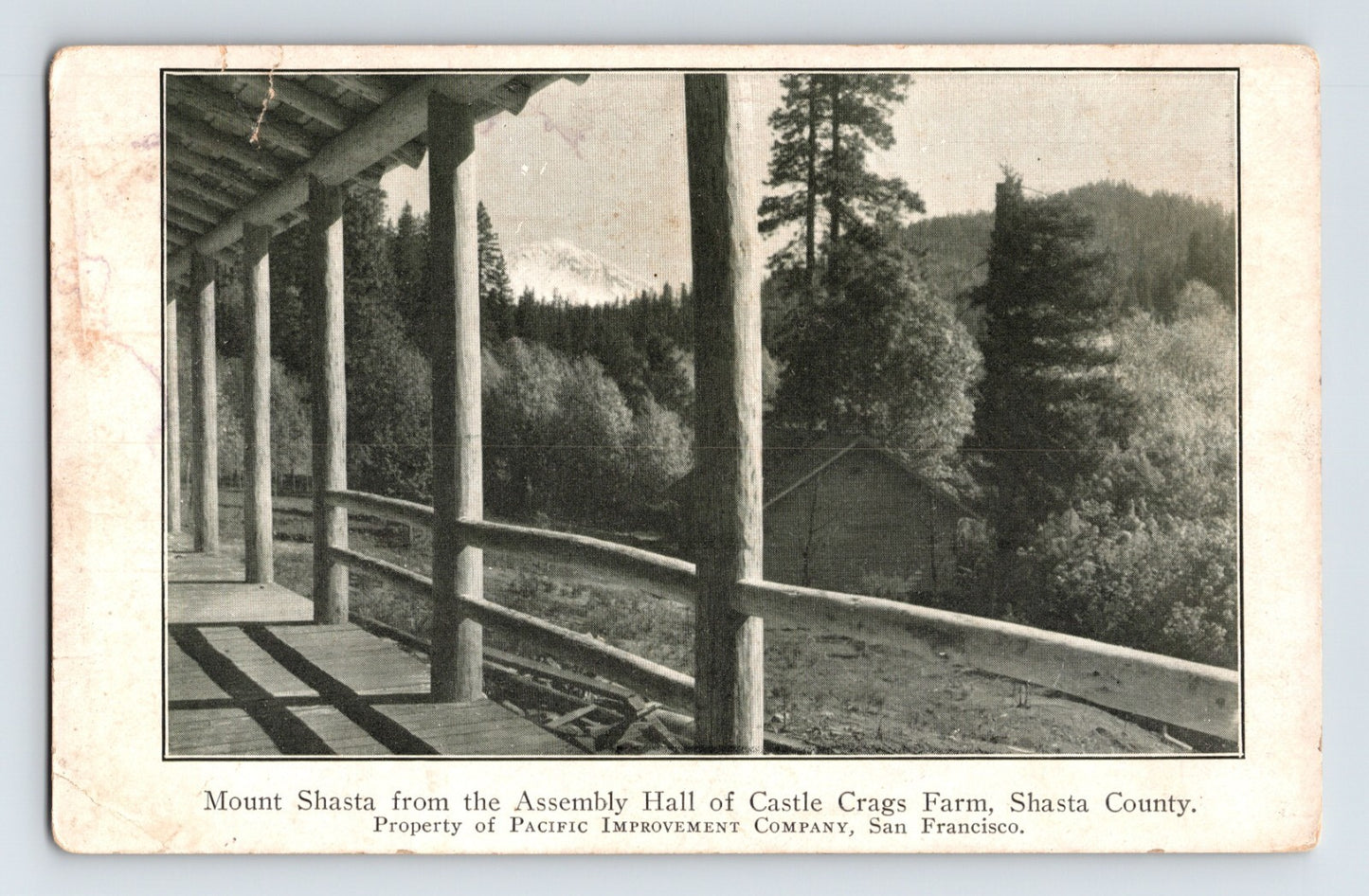 Mount Shasta California Castle Crags Farm Assembly Hall porch view 1910 postcard