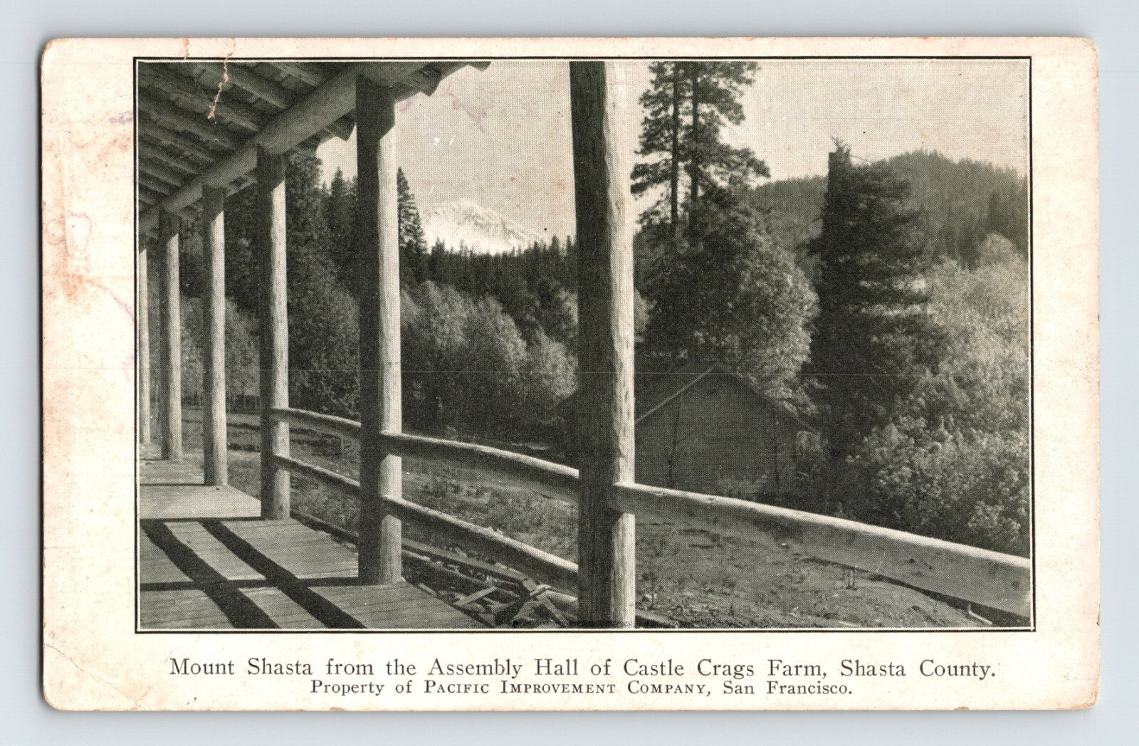 Mount Shasta California Castle Crags Farm Assembly Hall porch view 1910 postcard