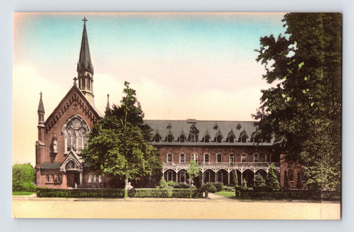 Queen of the Rosary Chapel and Convent Amityville Long Island New York 1920s postcard with Gothic Revival architecture