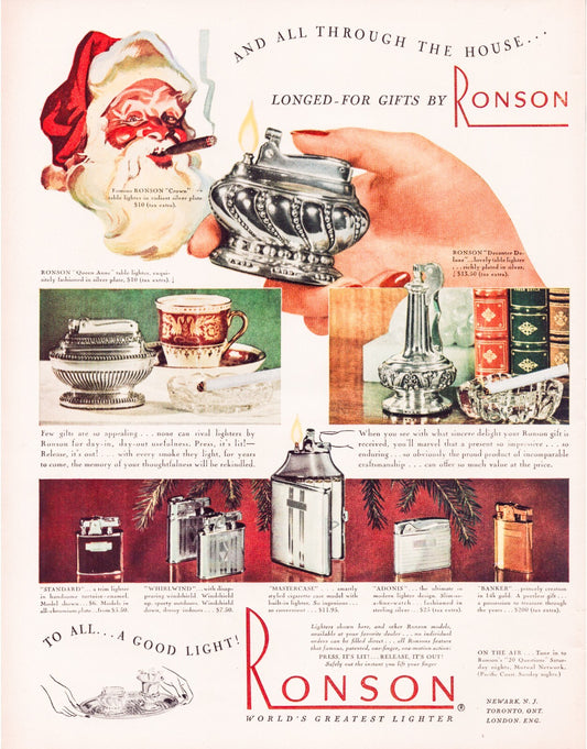 Ronson Lighter 1947 Santa Smoking Cigar Christmas Full Page Print Ad 10.5 x 13.5
