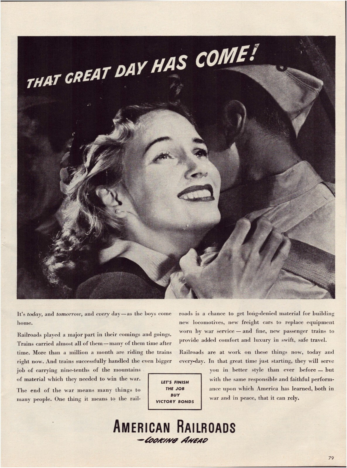 American Railroads 1945 WWII print ad soldier reunion train transportation vintage