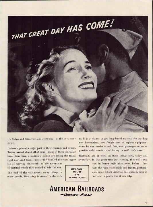 American Railroads 1945 WWII print ad soldier reunion train transportation vintage