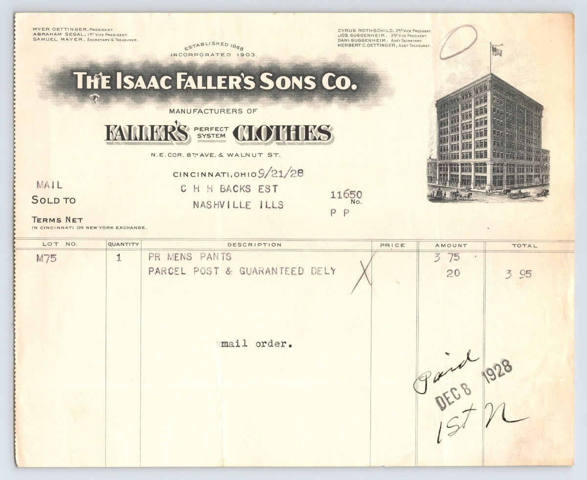 Cincinnati Ohio Isaac Faller Sons Clothes invoice billhead building illustration 1928