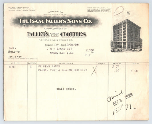 Cincinnati Ohio Isaac Faller Sons Clothes invoice billhead building illustration 1928