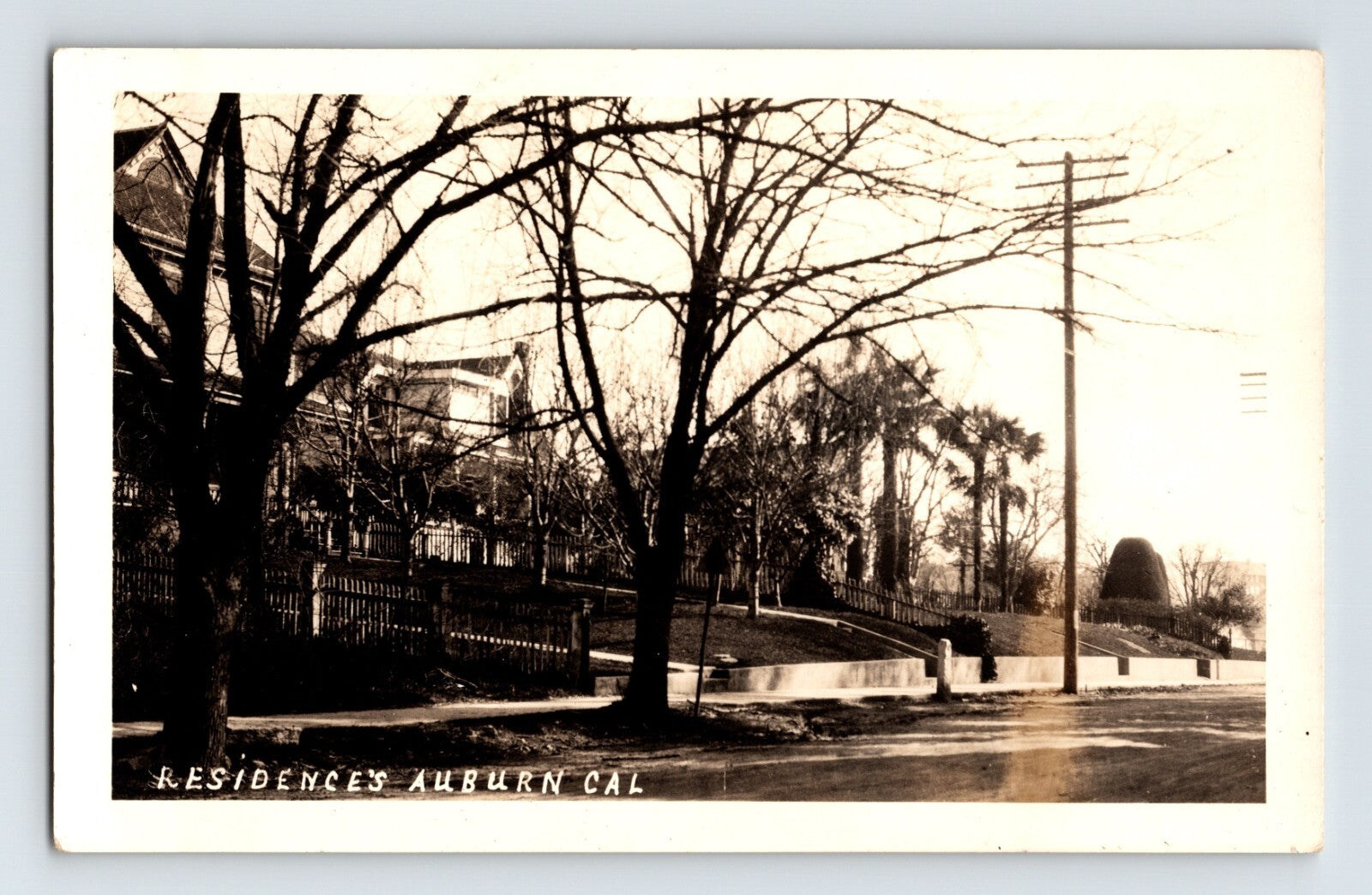 Vintage black and white photo of residential street in Auburn, California