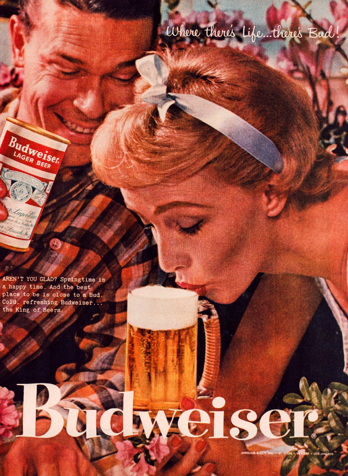 Budweiser Beer 1957 print ad woman drinking beer man smiling vintage beverage advertisement