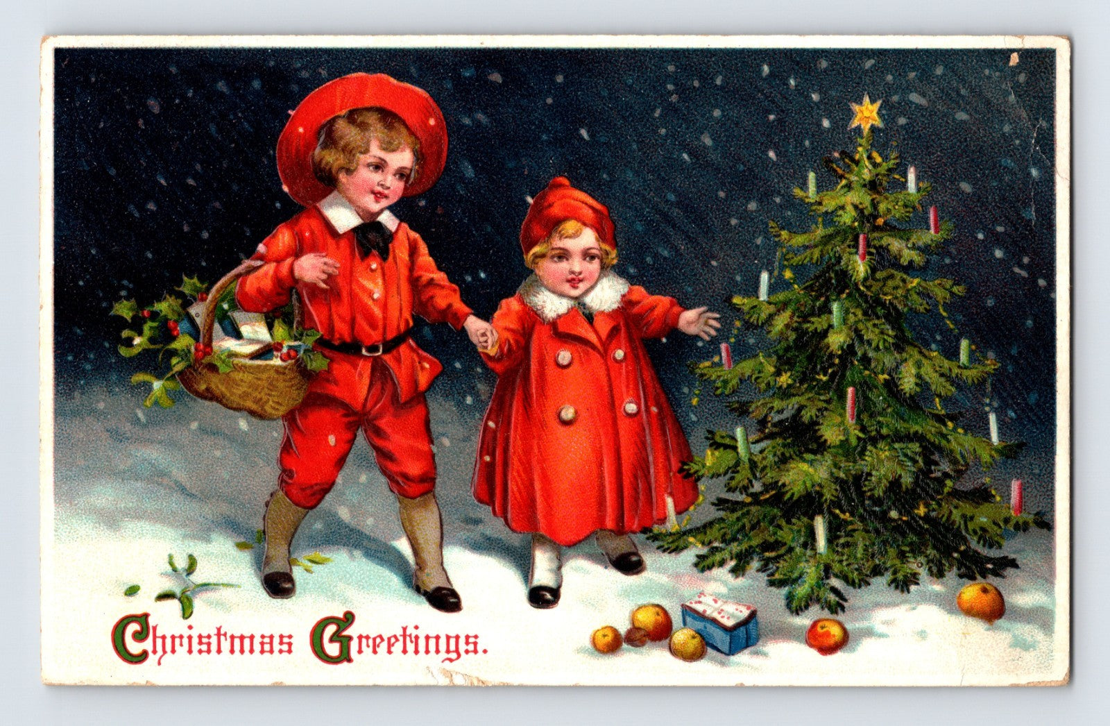 Children red winter coats candle Christmas tree 1911 postcard