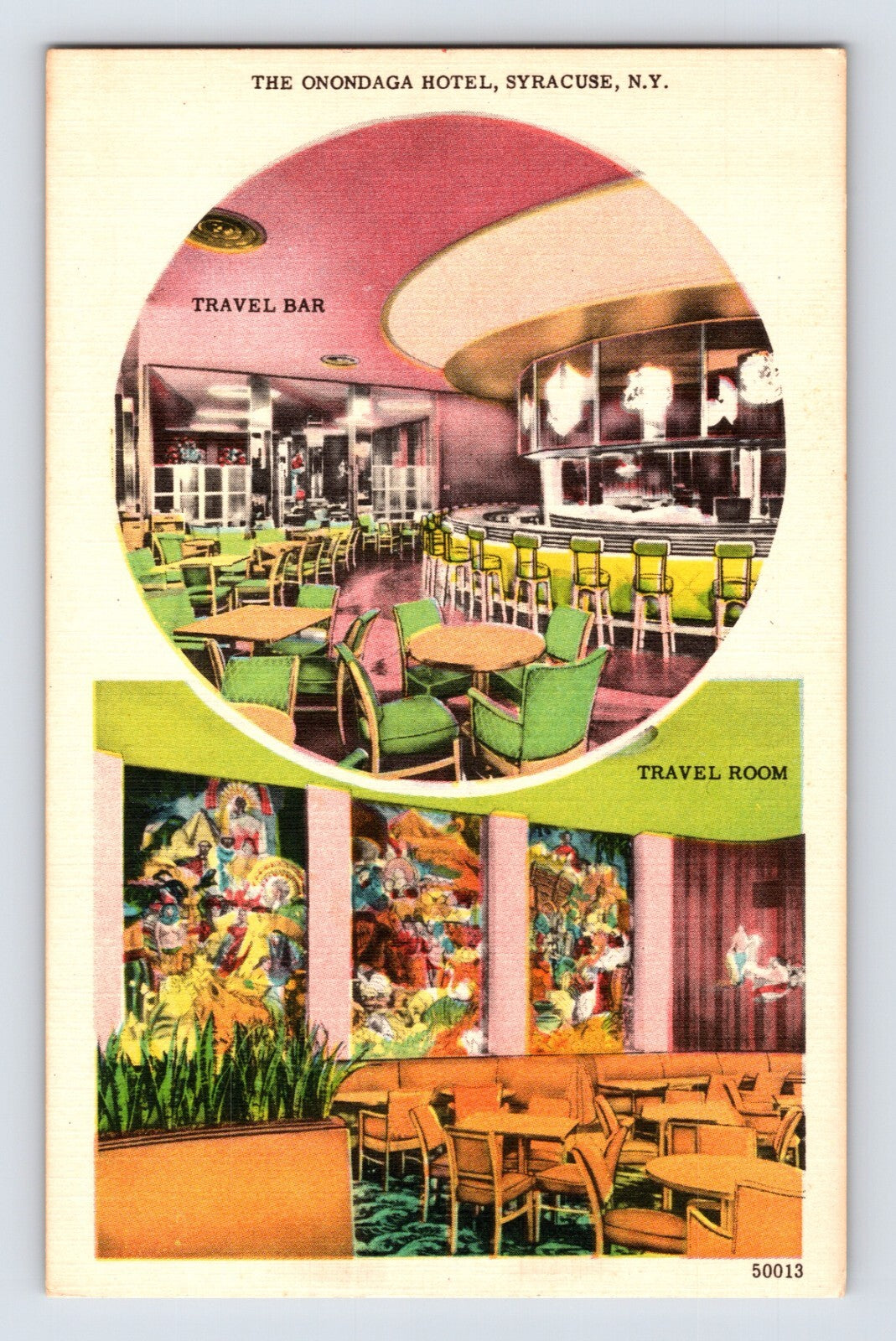 Syracuse New York Onondaga Hotel travel bar travel room interior 1940s postcard linen