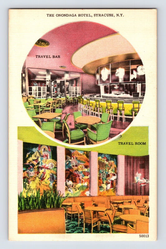 Syracuse New York Onondaga Hotel travel bar travel room interior 1940s postcard linen