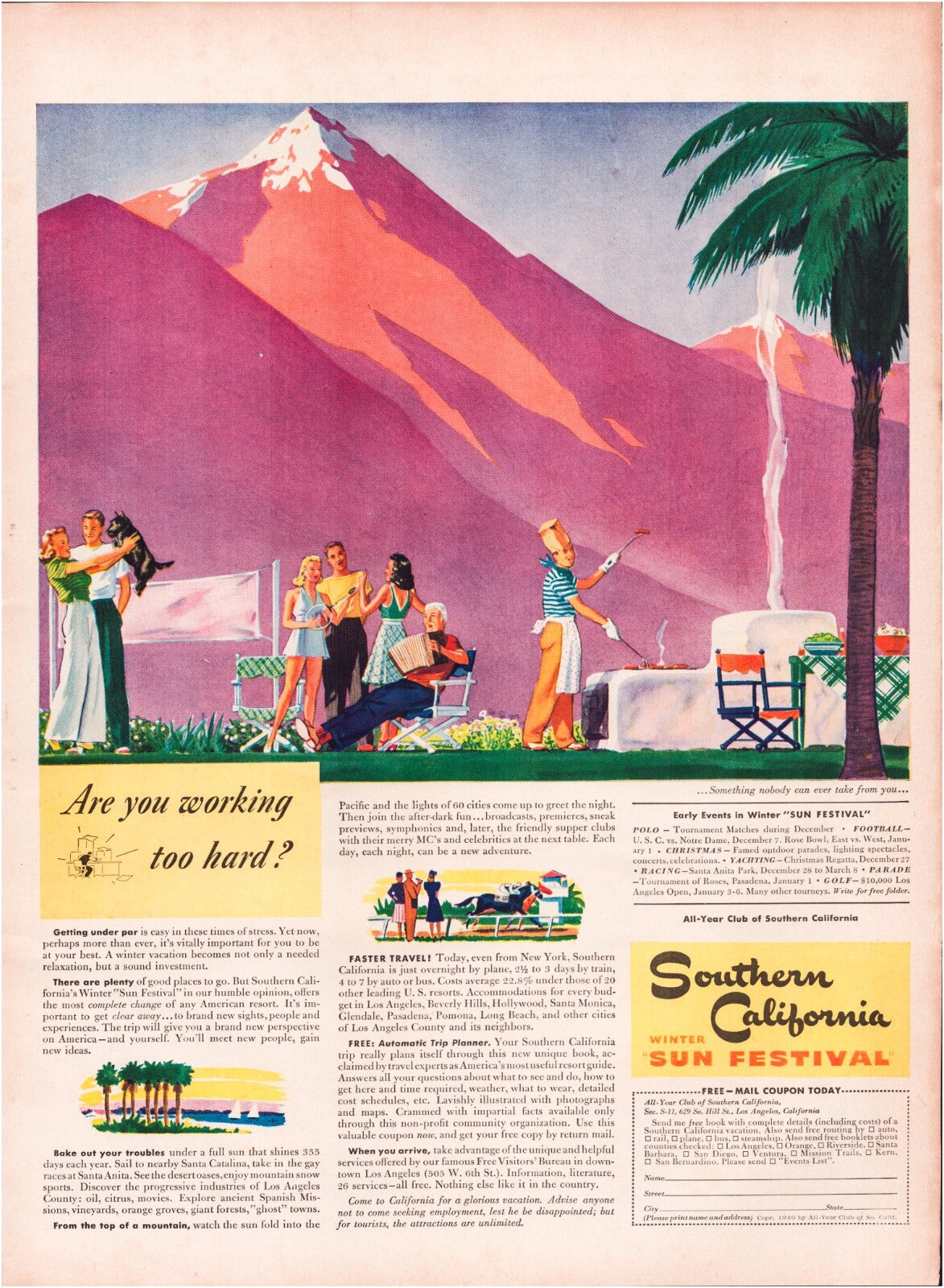 Southern California Sun Festival 1940 travel advertisement with mountain landscape and resort scene illustration