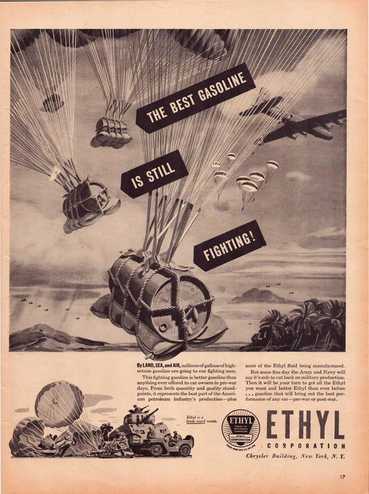 Ethyl Gasoline 1945 WWII parachute military scene print ad full page vintage advertising