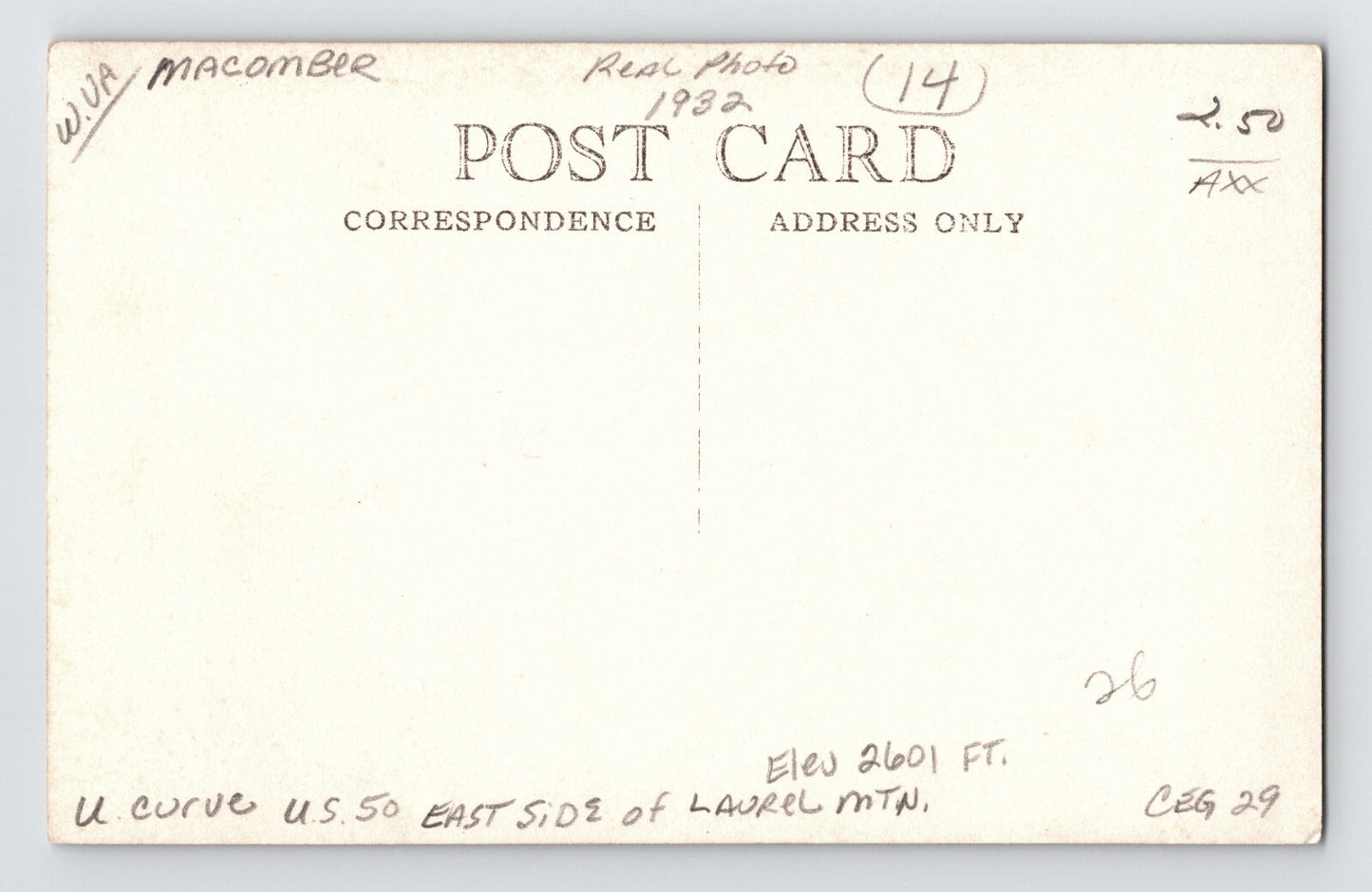 Laurel Mountain West Virginia Route 50 U Curve Auto 1930s Postcard Unposted