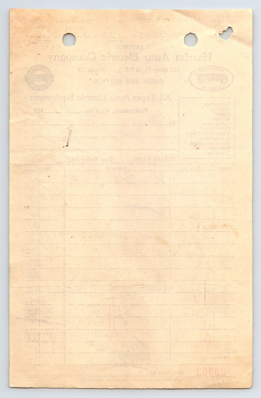 Parkersburg West Virginia 1936 Harries Auto Electric Billhead 8 x 5.5