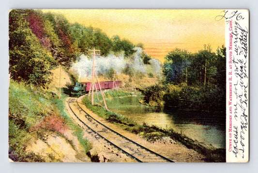 South Meriden Connecticut Waterbury River railroad train along riverbank 1906 postcard