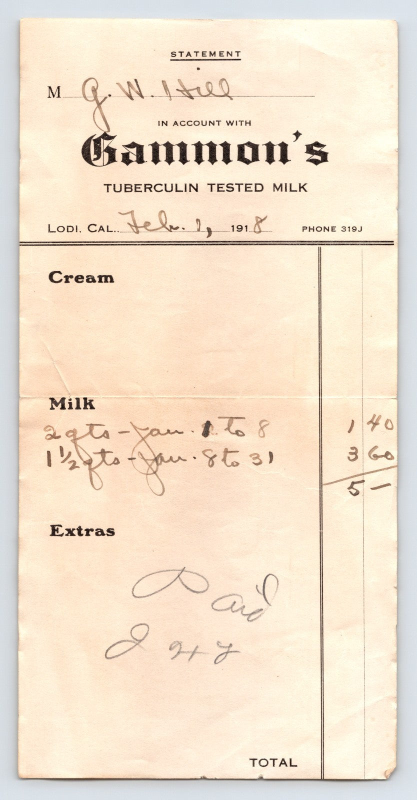 Lodi California 1918 Gammon Tuberculin Tested Milk Billhead 8 x 4